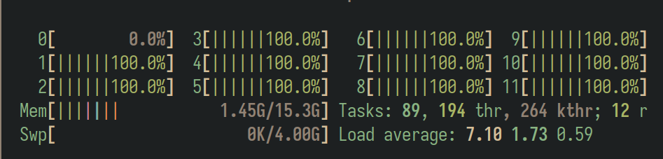 Captura de pantalla de htop después de ejecutar el comando stress con 12 procesos.